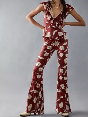Free People Austyn Ruffle Flutter Sleeve Bootcut Floral Jumpsuit Boho Wedding S